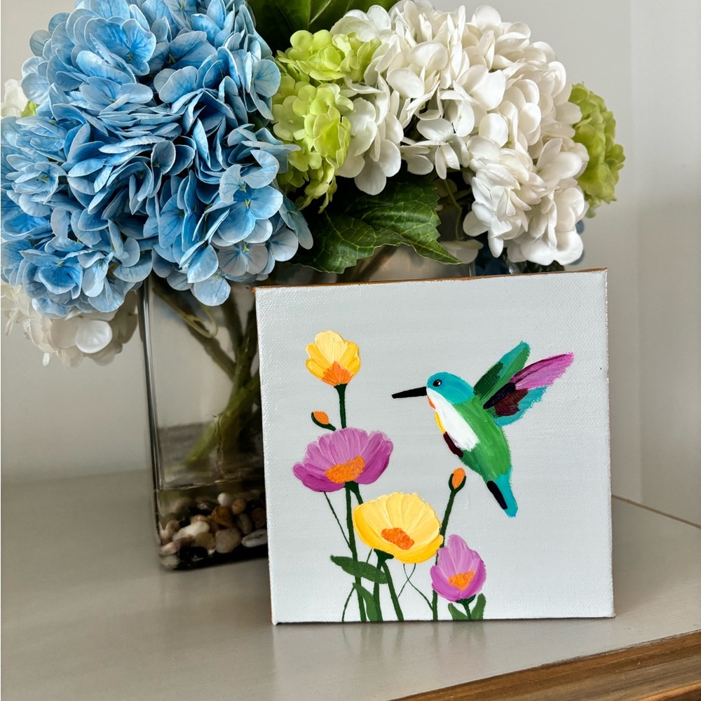 Hand-Painted Acrylic Hummingbird Floral Canvas BY ME!